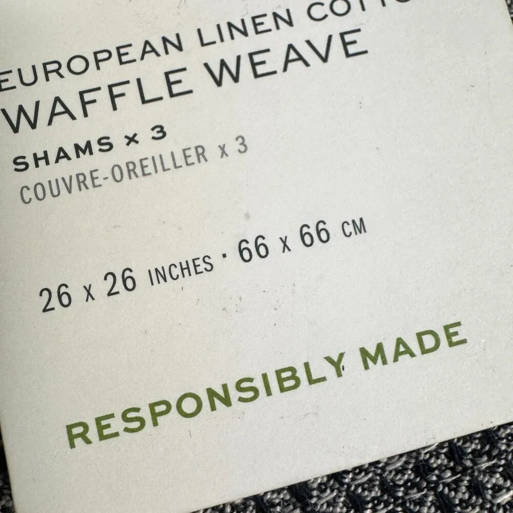 Pottery Barn European Linen Waffle Weave Euro Sham 3-Pack Set Ebony 26x26 NEW